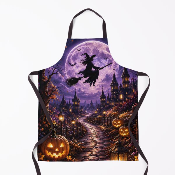 Item preview, Spooky Halloween Night: Flying Witch & Glowing Jack-o'-Lanterns Under Full Moon designed and sold by Dreamy Armine Art.