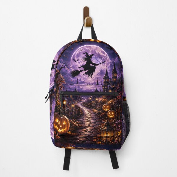 Item preview, Spooky Halloween Night: Flying Witch & Glowing Jack-o'-Lanterns Under Full Moon designed and sold by Dreamy Armine Art.