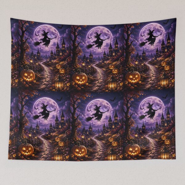 Item preview, Spooky Halloween Night: Flying Witch & Glowing Jack-o'-Lanterns Under Full Moon designed and sold by Dreamy Armine Art.