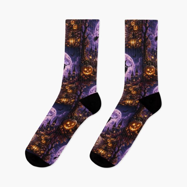 Item preview, Spooky Halloween Night: Flying Witch & Glowing Jack-o'-Lanterns Under Full Moon designed and sold by Dreamy Armine Art.