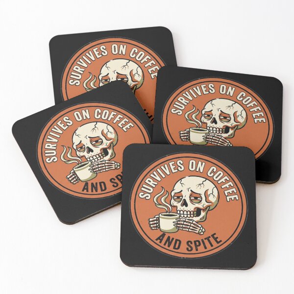 Item preview, Survives on Coffee and Spite | Skeleton Drinking Coffee Badge designed and sold by LuloCreative.