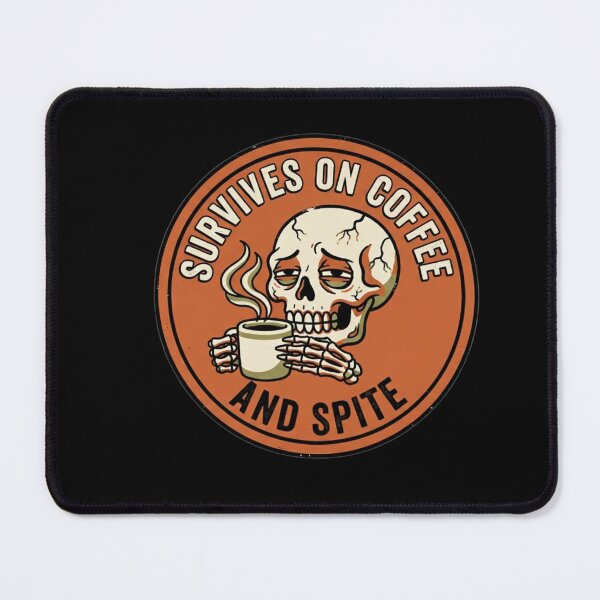 Item preview, Survives on Coffee and Spite | Skeleton Drinking Coffee Badge designed and sold by LuloCreative.