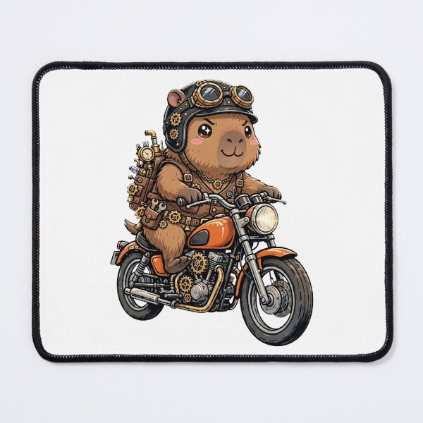Item preview, Cute Steampunk Capybara Biker - Brown Capybara Riding Orange Motorcycle with Helmet designed and sold by Ala'Salem| Cute Characters, Real Moods.