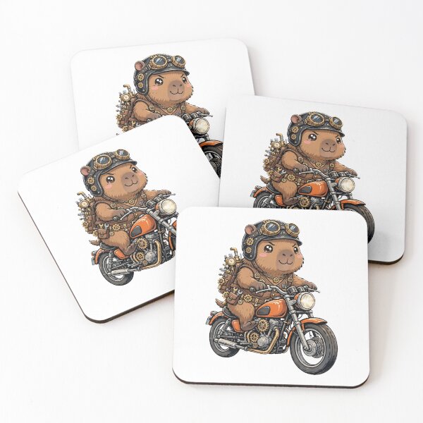 Item preview, Cute Steampunk Capybara Biker - Brown Capybara Riding Orange Motorcycle with Helmet designed and sold by Ala'Salem| Cute Characters, Real Moods.