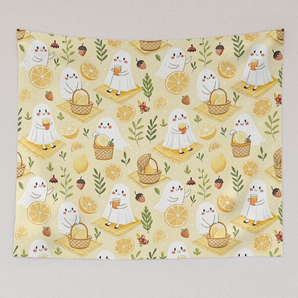 Item preview, Cute Lemon Ghost Picnic Pattern designed and sold by Storybook Botanica.