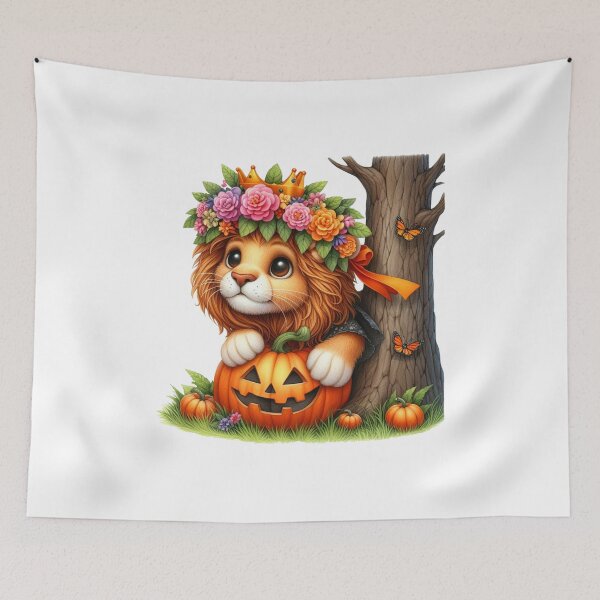 Item preview, Cute Halloween Lion Cat With Pumpkin And Flower Crown Autumn Fantasy Animal designed and sold by Merchrise.
