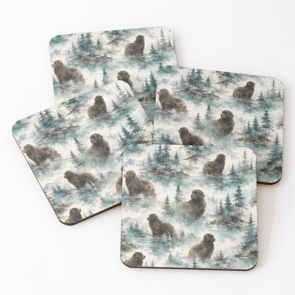 Item preview, Newfoundland dog in pine trees watercolor illustration designed and sold by Anne Londez Studio.
