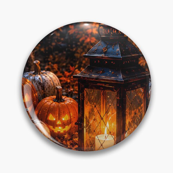 Item preview, Cozy Halloween Night: Glowing Jack-o'-Lanterns & Vintage Candle Lantern in Autumn Forest designed and sold by Dreamy Armine Art.
