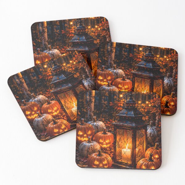 Item preview, Cozy Halloween Night: Glowing Jack-o'-Lanterns & Vintage Candle Lantern in Autumn Forest designed and sold by Dreamy Armine Art.