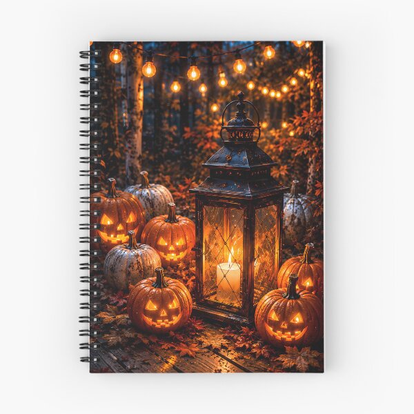 Item preview, Cozy Halloween Night: Glowing Jack-o'-Lanterns & Vintage Candle Lantern in Autumn Forest designed and sold by Dreamy Armine Art.
