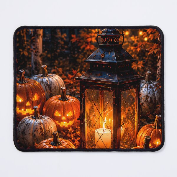Item preview, Cozy Halloween Night: Glowing Jack-o'-Lanterns & Vintage Candle Lantern in Autumn Forest designed and sold by Dreamy Armine Art.
