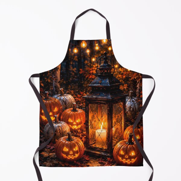 Item preview, Cozy Halloween Night: Glowing Jack-o'-Lanterns & Vintage Candle Lantern in Autumn Forest designed and sold by Dreamy Armine Art.