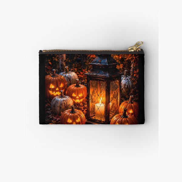 Item preview, Cozy Halloween Night: Glowing Jack-o'-Lanterns & Vintage Candle Lantern in Autumn Forest designed and sold by Dreamy Armine Art.