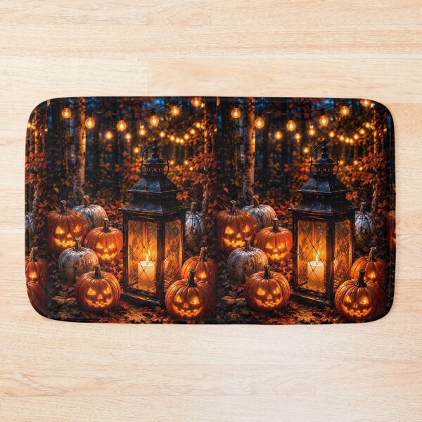 Item preview, Cozy Halloween Night: Glowing Jack-o'-Lanterns & Vintage Candle Lantern in Autumn Forest designed and sold by Dreamy Armine Art.