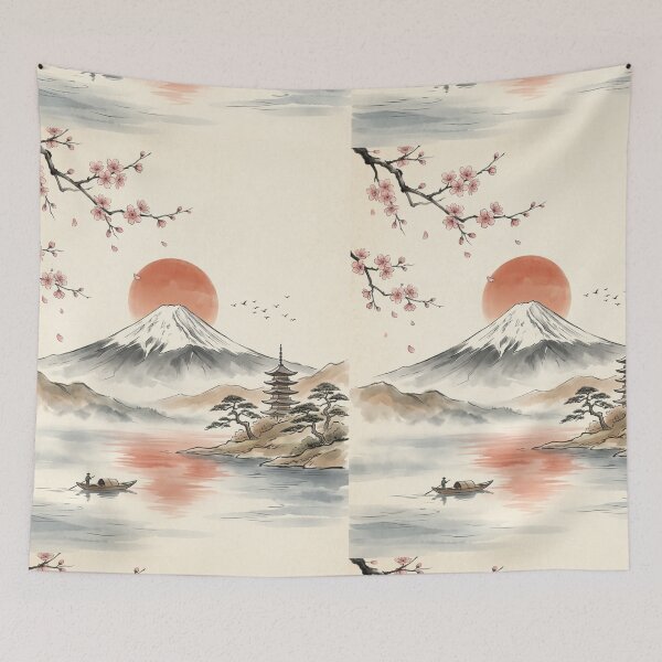 Item preview, Mount Fuji Japanese Cherry Blossom Pagoda Red Sun Boat Graphic designed and sold by PACS0011.
