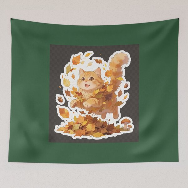 Item preview, Cute Ginger Cat Jumping into Autumn Leaves Cartoon Fall Sticker designed and sold by OksArtStudio.