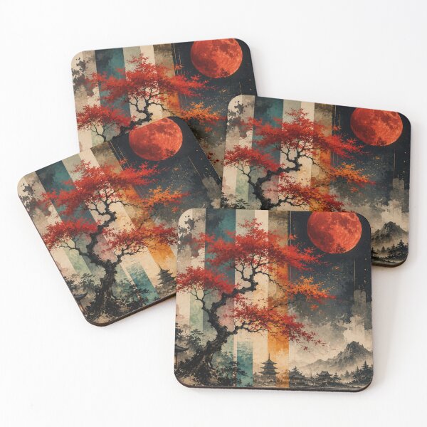 Item preview, Japanese Autumn Maple Tree Blood Moon Pagoda Lake Graphic designed and sold by PACS0011.
