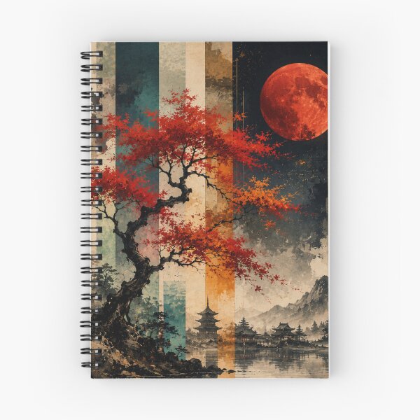 Item preview, Japanese Autumn Maple Tree Blood Moon Pagoda Lake Graphic designed and sold by PACS0011.