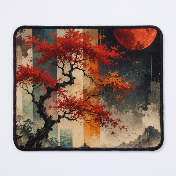 Item preview, Japanese Autumn Maple Tree Blood Moon Pagoda Lake Graphic designed and sold by PACS0011.