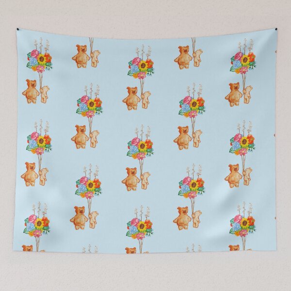 Item preview, Two Cute Bears With Flower Balloons Cute Gift Children Watercolor Hand Painted Baby Blue Background designed and sold by BOKEbyTC.