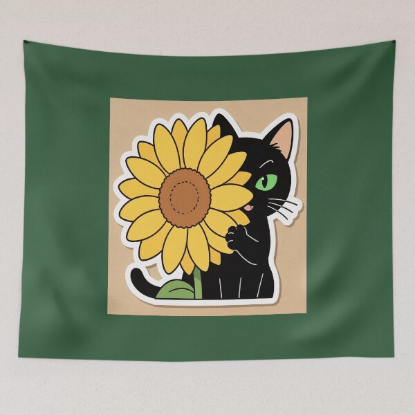 Item preview, Cute Black Cat Peeking Behind Sunflower Kawaii Sticker designed and sold by OksArtStudio.