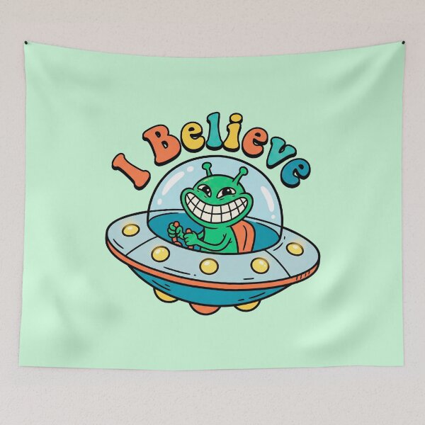 Item preview, I Believe - Smiling Alien in Flying Saucer designed and sold by ThreadRiotTees.