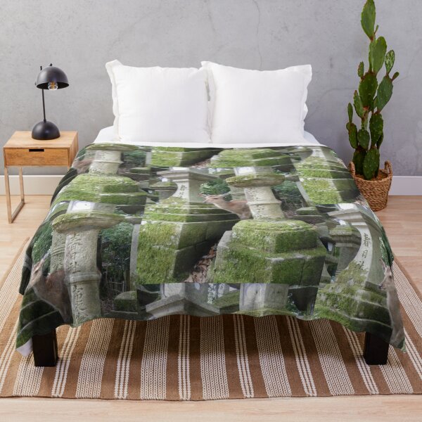 Item preview, Curious Deer Among Mossy Stone Lanterns Art Print designed and sold by KaleChub.