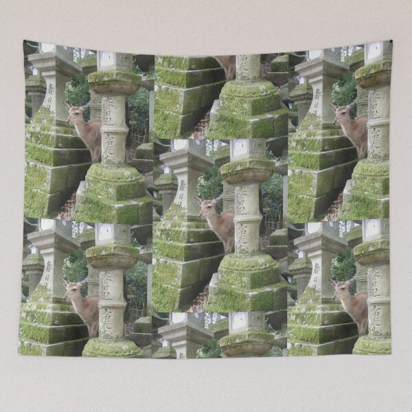 Item preview, Curious Deer Among Mossy Stone Lanterns Art Print designed and sold by KaleChub.
