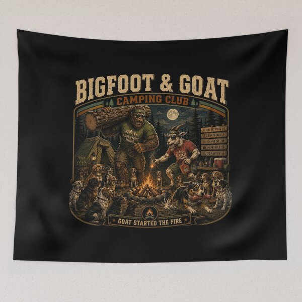 Item preview, Bigfoot And Goat Camping Club Goat Started The Fire Vintage Retro Camping T Shirt designed and sold by NicheBloom.
