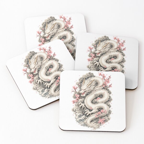 Item preview, White Japanese Dragon with Sakura Blossoms | Irezumi Tattoo Style designed and sold by ichiyori.