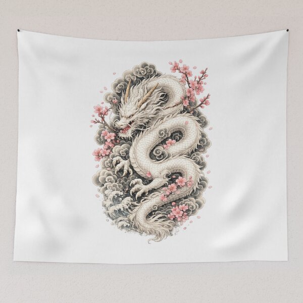 Item preview, White Japanese Dragon with Sakura Blossoms | Irezumi Tattoo Style designed and sold by ichiyori.