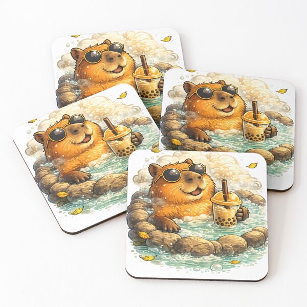 Item preview, Capybara in Hot Spring with Boba Tea Cute Relaxing Animal Illustration designed and sold by favoprintaart.