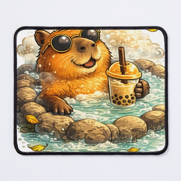 Item preview, Capybara in Hot Spring with Boba Tea Cute Relaxing Animal Illustration designed and sold by favoprintaart.