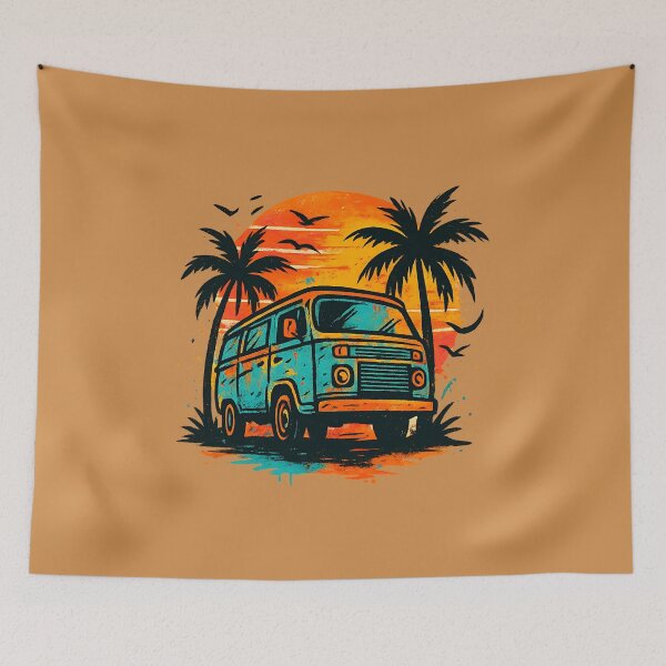 Item preview, Retro Vintage Camper Van - Distressed Tropical Sunset Surf Bus designed and sold by MarCinu Art.