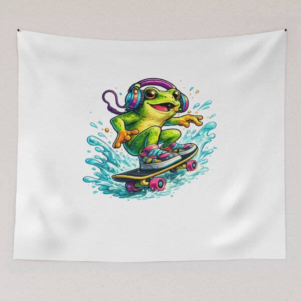 Item preview, Cute Frog Skateboarding Through Water with Headphones Fun Summer Illustration designed and sold by favoprintaart.