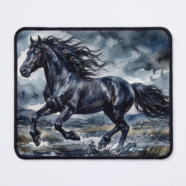 Item preview, Black Friesian Horse Galloping Watercolor Painting designed and sold by Rutvain.