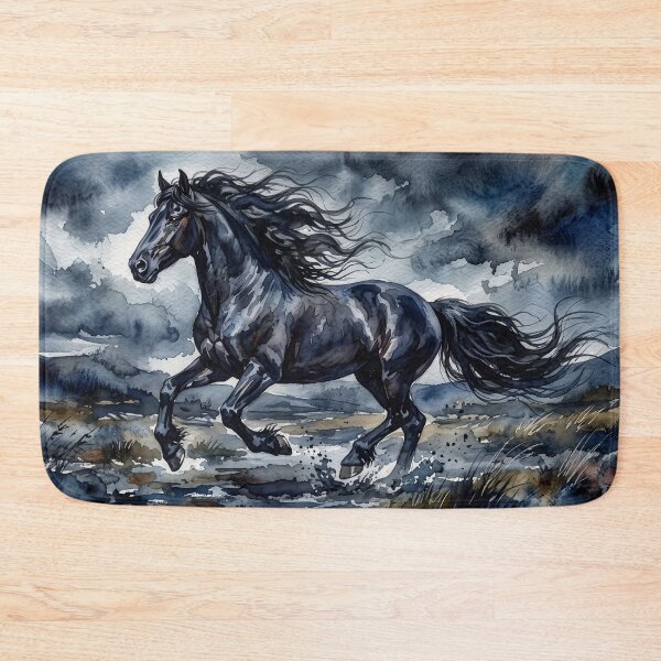 Item preview, Black Friesian Horse Galloping Watercolor Painting designed and sold by Rutvain.