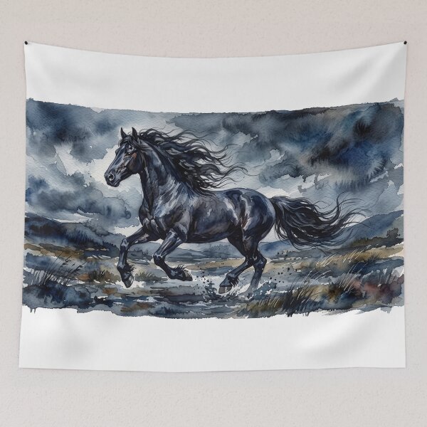 Item preview, Black Friesian Horse Galloping Watercolor Painting designed and sold by Rutvain.