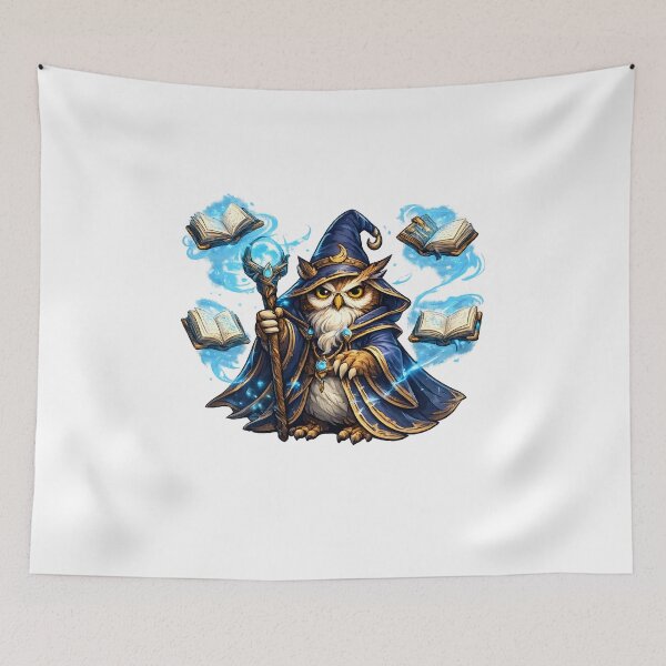 Item preview, Wizard Owl with Magic Staff and Floating Books Fantasy Illustration designed and sold by favoprintaart.