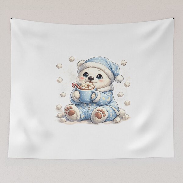 Item preview, Cute Polar Bear in Blue Pajamas Drinking Hot Cocoa Winter Illustration designed and sold by favoprintaart.