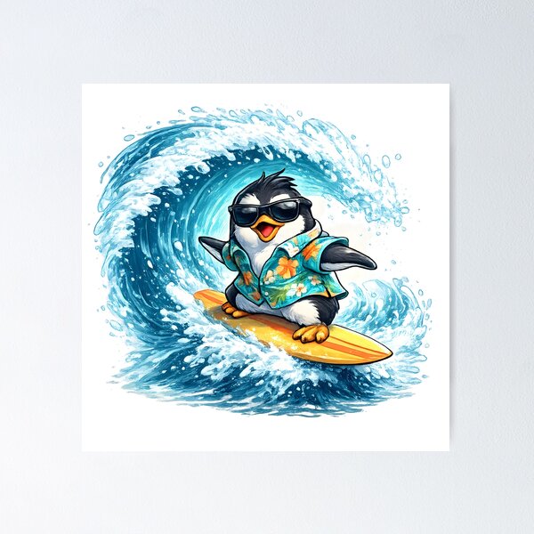 Item preview, Cute Penguin Surfer Riding Wave in Hawaiian Shirt Beach Illustration designed and sold by favoprintaart.