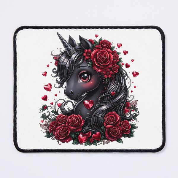 Item preview, Cute Dark Fantasy Black Unicorn with Red Roses designed and sold by INKRebelGraphic.