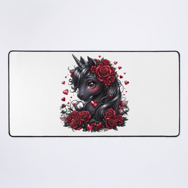 Item preview, Cute Dark Fantasy Black Unicorn with Red Roses designed and sold by INKRebelGraphic.