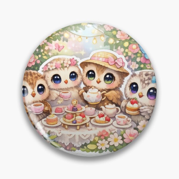Item preview, Cute Baby Owls Tea Party Sticker – Kawaii Owl Cottagecore Fantasy Garden designed and sold by Sidra digital art 8277237.