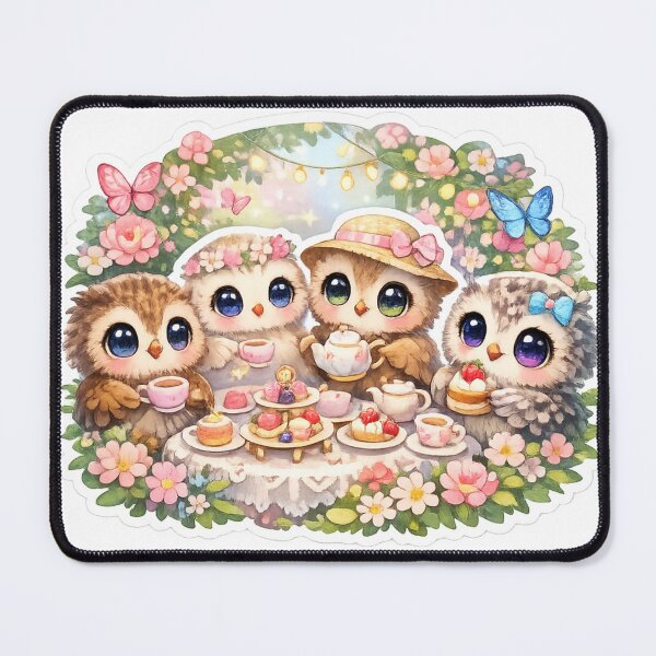 Item preview, Cute Baby Owls Tea Party Sticker – Kawaii Owl Cottagecore Fantasy Garden designed and sold by Sidra digital art 8277237.