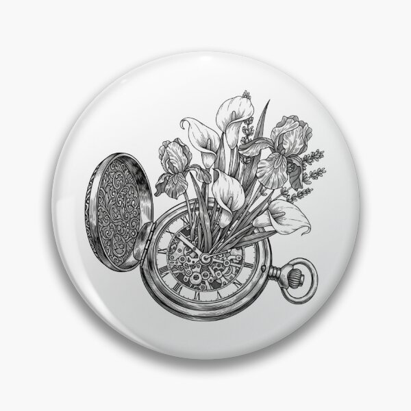 Item preview, Time in Bloom - Vintage Pocket Watch & Flowers Line Art designed and sold by Dzblack.