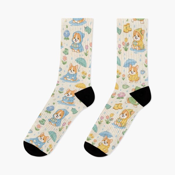 Item preview, Corgi Cozy Spring Rain Pattern designed and sold by Soft Berry Studio.