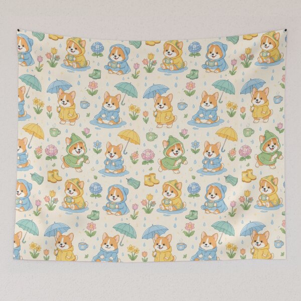 Item preview, Corgi Cozy Spring Rain Pattern designed and sold by Soft Berry Studio.