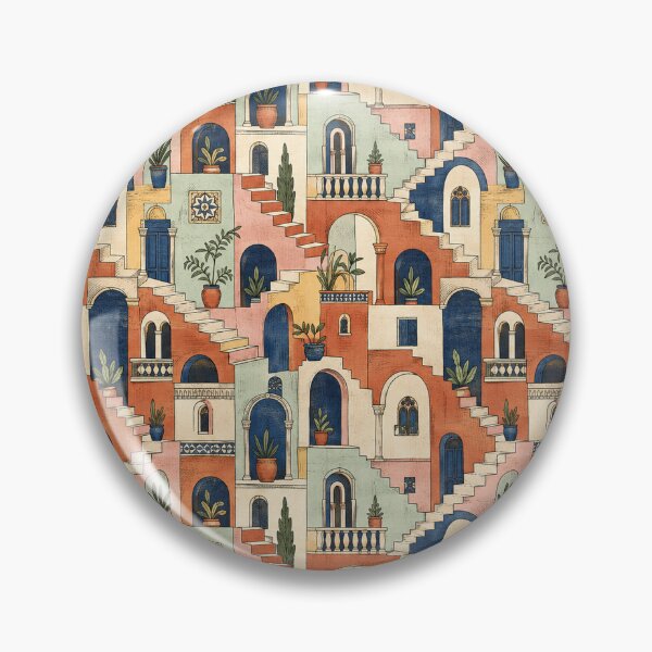 Item preview, Mediterranean Staircase Village Pattern Architectural Folk Art Print designed and sold by TM DESIGNS AND MORE.