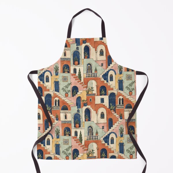 Item preview, Mediterranean Staircase Village Pattern Architectural Folk Art Print designed and sold by TM DESIGNS AND MORE.